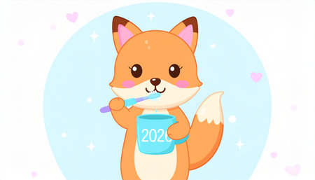 Cute cartoon fox with a cup of coffee. Vector illustration.のイラスト素材