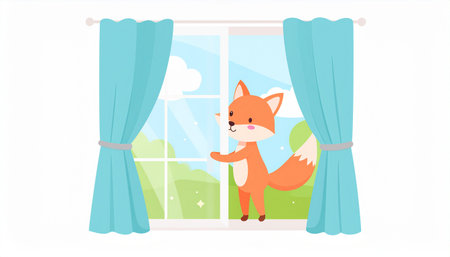 Cute fox standing in the window. Vector illustration in flat styleのイラスト素材