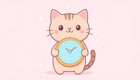 Cute cat holding a clock on pink background. Vector illustration.のイラスト素材
