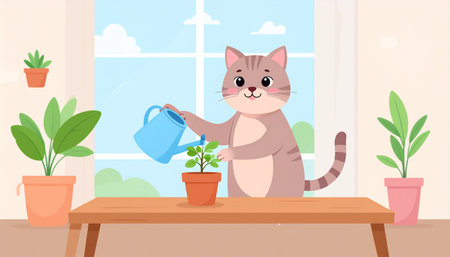 Cute cat watering a plant. Vector illustration in cartoon style.のイラスト素材
