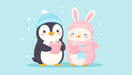 Cute penguins with a cup of coffee. Vector illustration.のイラスト素材
