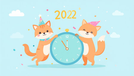 Happy New Year 2022. Cute cartoon foxes with clock. Vector illustration.のイラスト素材