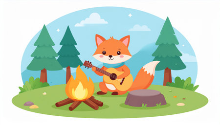 Cute fox playing ukulele in the forest. Vector illustrationのイラスト素材