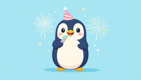 Cute penguin with party hat and fireworks. Vector illustration.のイラスト素材