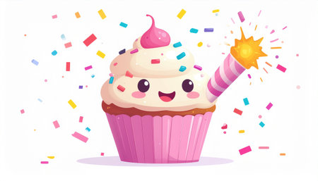 Cute happy birthday cupcake with sprinkles and confetti. Vector illustration.のイラスト素材
