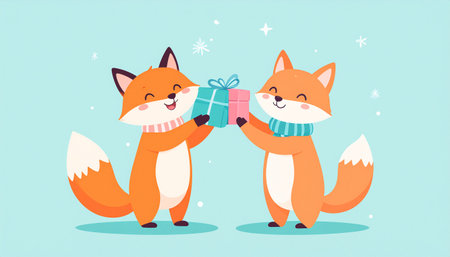Cute foxes with a gift. Vector illustration in cartoon style.のイラスト素材