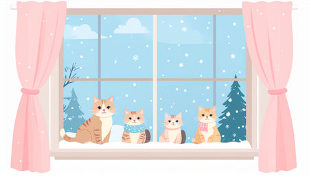 Cat and cat sitting on the window in the winter. vector illustration.のイラスト素材