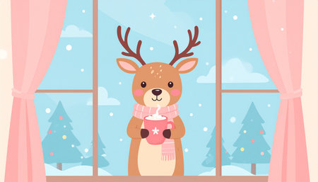 Cute reindeer holding a cup of hot drink. Vector illustrationのイラスト素材