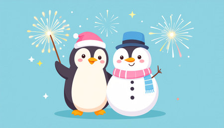Cute penguin and snowman with fireworks. Vector illustration.のイラスト素材