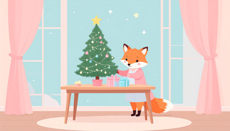 Cute fox sitting at the table with gift boxes and christmas tree. Flat vector illustration.のイラスト素材