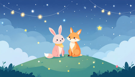 Cute cartoon rabbit and fox sitting on the grass in the night.のイラスト素材