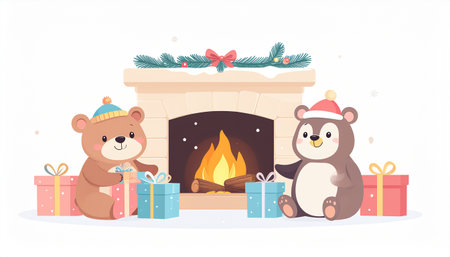 Cute bear and teddy bear sitting near the fireplace. Vector illustration.のイラスト素材