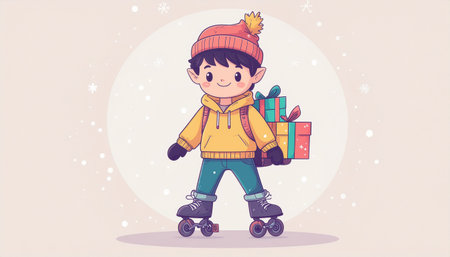 Cute little boy riding on roller skates with gift box. Vector illustration.のイラスト素材