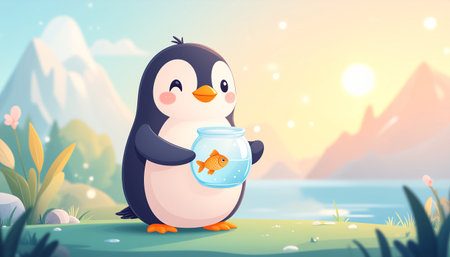 Cute penguin holding a glass bowl with goldfish. Vector illustration.のイラスト素材