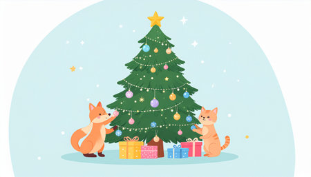 Christmas tree and cats with gifts. Vector illustration in cartoon style.のイラスト素材