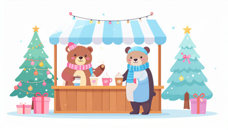 Cute bear and teddy bear at the christmas market, vector illustrationのイラスト素材