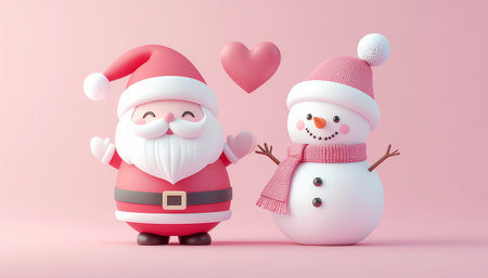 Snowman and Santa Claus in love on pink background. 3d renderingのイラスト素材