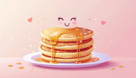 A stack of pancakes with syrup and a marshmallow with a cute smiling face on a plate.のイラスト素材