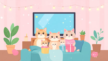 A heartwarming illustration of a cat family enjoying a movie night together in their cozy living room.のイラスト素材
