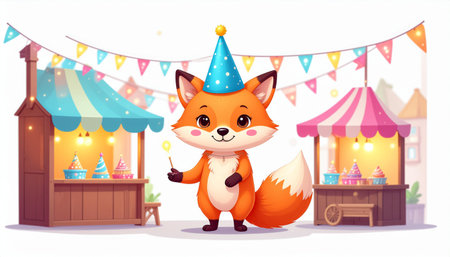 A cute cartoon fox wearing a party hat celebrates at a colorful carnival with food stalls and festive decorations.のイラスト素材
