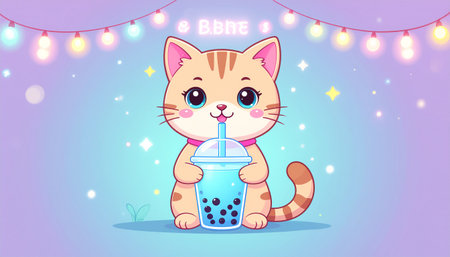 Adorable cartoon kitten sipping bubble tea against a pastel background with fairy lights, perfect for children's illustrations.のイラスト素材
