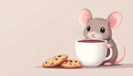 A charming illustration of a cute mouse enjoying a warm cup of coffee with delicious cookies.のイラスト素材