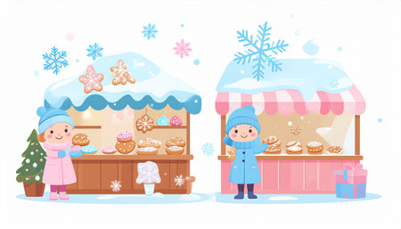 Charming illustration of a winter market with snow-covered stalls, festive decorations, and children enjoying the holiday atmosphere.のイラスト素材