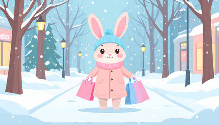 A cute bunny wearing winter clothes goes shopping in a snowy town.のイラスト素材