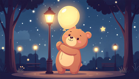 A cute teddy bear hugs a lamppost while holding a balloon in a starry night park setting.のイラスト素材