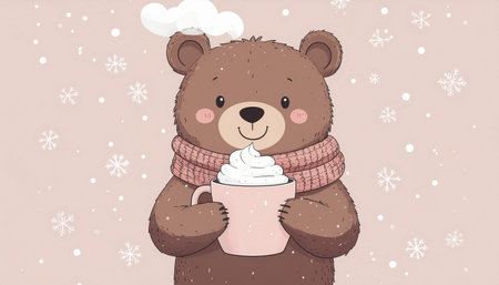 A cute bear wearing a scarf holds a mug of hot chocolate with whipped cream in a snowy winter scene.のイラスト素材