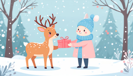 A child gives a gift to a deer in a snowy winter forest, a heartwarming scene of friendship and generosity.のイラスト素材