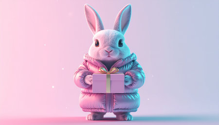 A cute rabbit character holding a gift box, illuminated by vibrant neon lights.