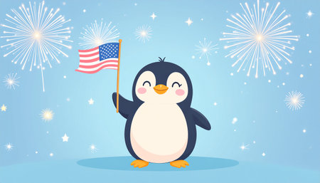 Cute penguin with USA flag on blue background. Vector illustration.のイラスト素材