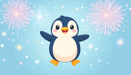 Cute penguin with fireworks on blue background. Vector illustration.のイラスト素材