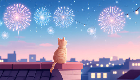 Cat on the roof with fireworks in the sky. Vector illustration.のイラスト素材
