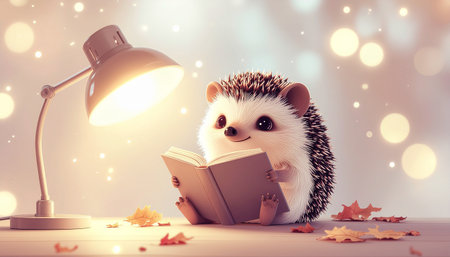 Cute little hedgehog with book and lamp on bokeh backgroundのイラスト素材