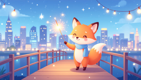Cute cartoon fox with sparkler on the bridge. Vector illustration.のイラスト素材