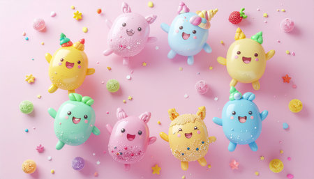 Cute unicorn and kawaii unicorns with sprinkles on pink backgroundのイラスト素材