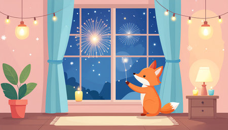 Cute cartoon fox in the room at night. Vector illustration.のイラスト素材