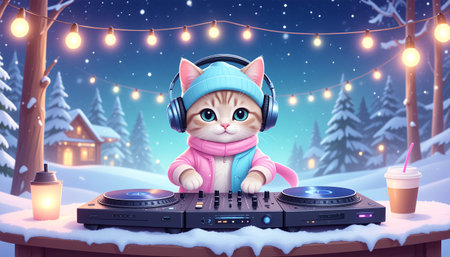 Cute cat dj playing music on turntable in winter snowy forestのイラスト素材