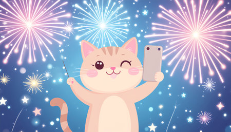 Cute cat holding a mobile phone and pointing at fireworks. Vector illustration.のイラスト素材