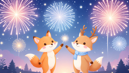 Cute cartoon foxes with firework background. Vector illustration.のイラスト素材