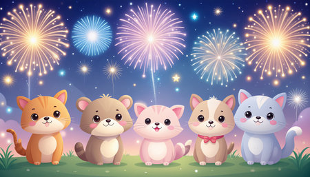 cute cat and dog with fireworks in the night vector illustration designのイラスト素材