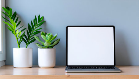 Laptop with blank screen on wooden table and green plant in pot.のイラスト素材