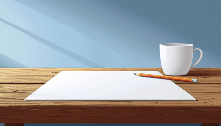 Blank paper with pencil and coffee cup on wooden table. Vector illustrationのイラスト素材