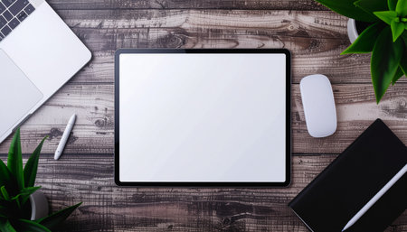 Top view of modern workplace with tablet, laptop, smartphone and coffee cup