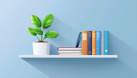 Bookshelf with books and plant on blue background. Vector illustration.のイラスト素材