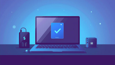 Laptop with check mark on screen. Vector illustration in flat styleのイラスト素材