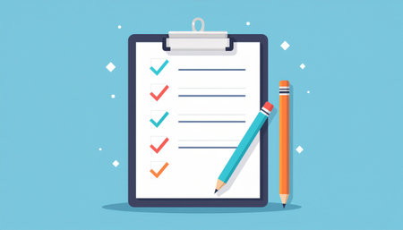 Clipboard with checklist and pencil. Flat design vector illustration.のイラスト素材