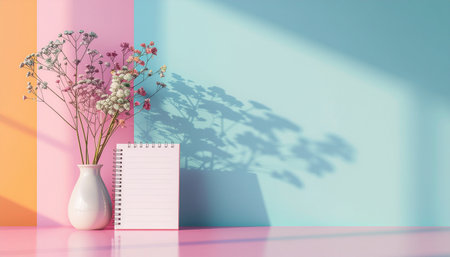 notebook and flower vase on pink and blue background. 3D renderingのイラスト素材